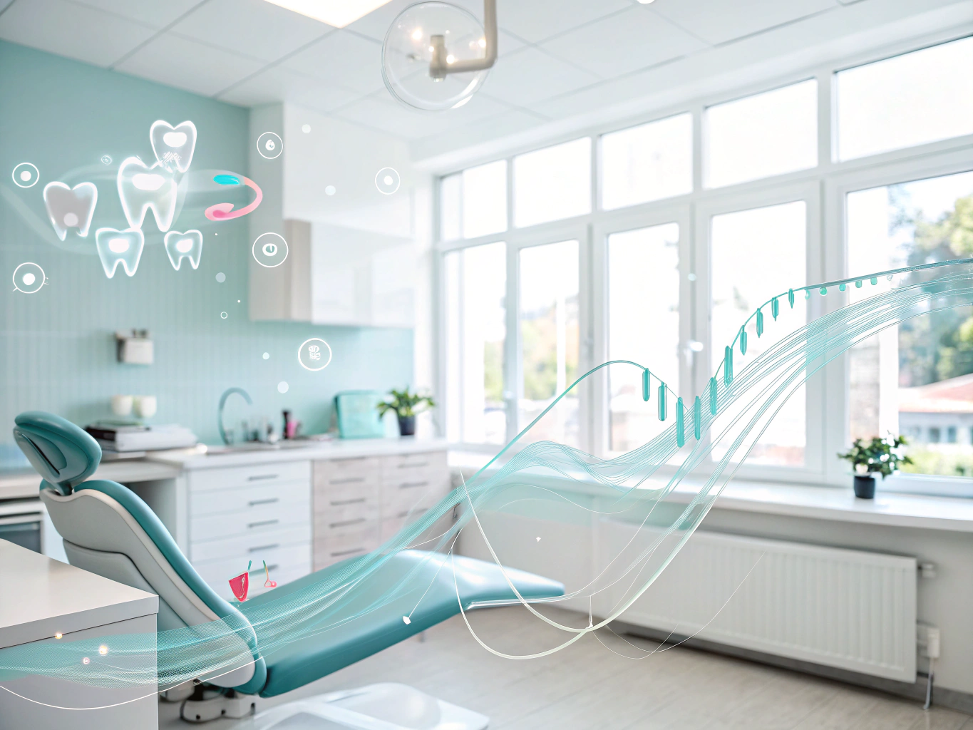 Modern dental clinic illustration with calming waves, testimonial bubbles, and growth charts in teal and gray.