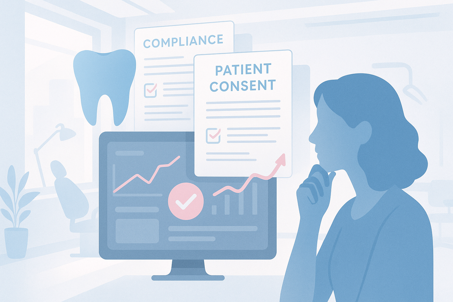 Modern dental clinic illustration with digital dashboard, documents, and warm accents.