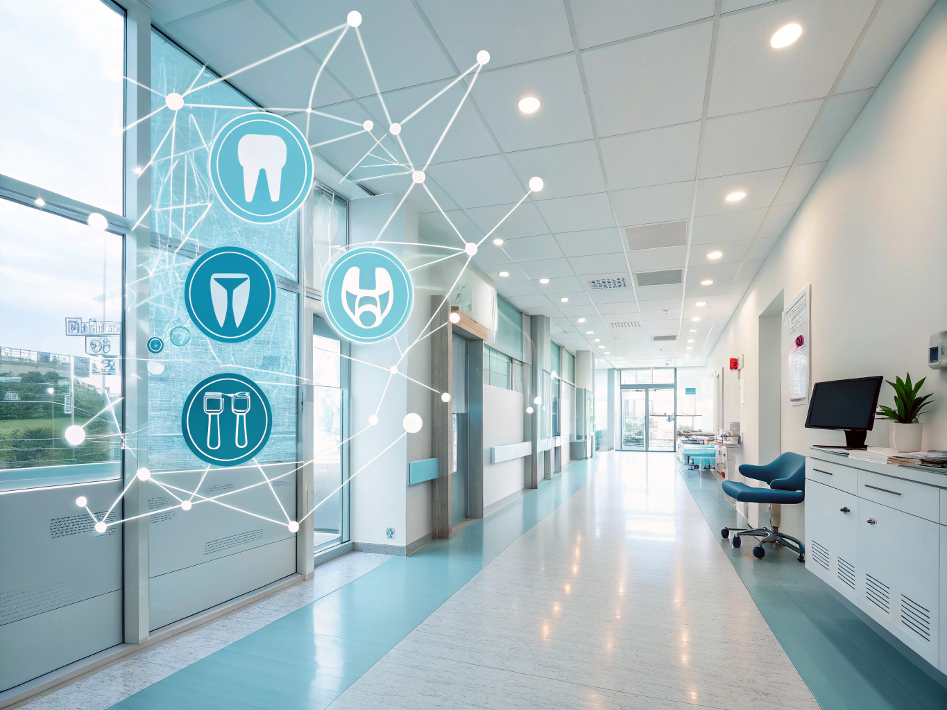 Modern dental clinic illustration with digital nodes, transparent screens, and growth charts.