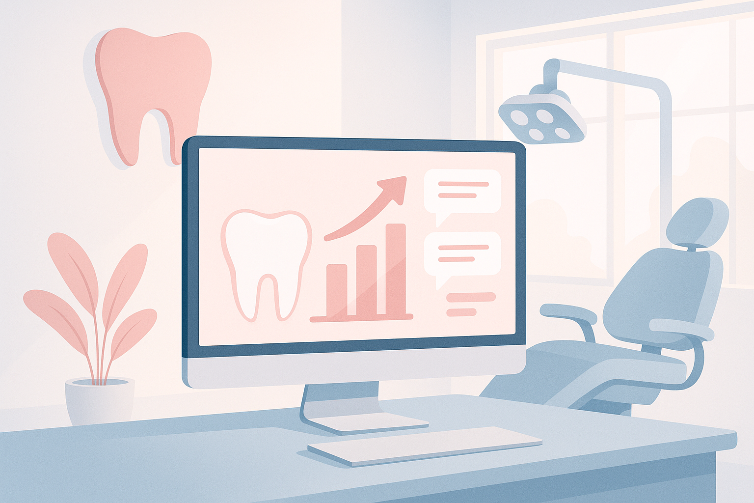 Modern dental clinic illustration with digital workspace, growth charts, testimonial bubbles, and abstract design elements.