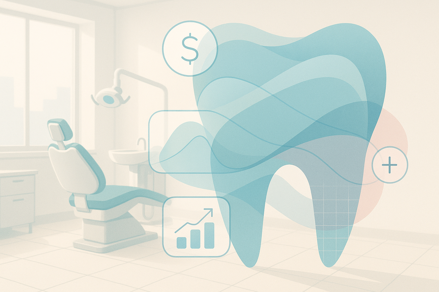 Modern dental clinic illustration with layered shapes, data bubbles, and growth charts in bright, warm tones.