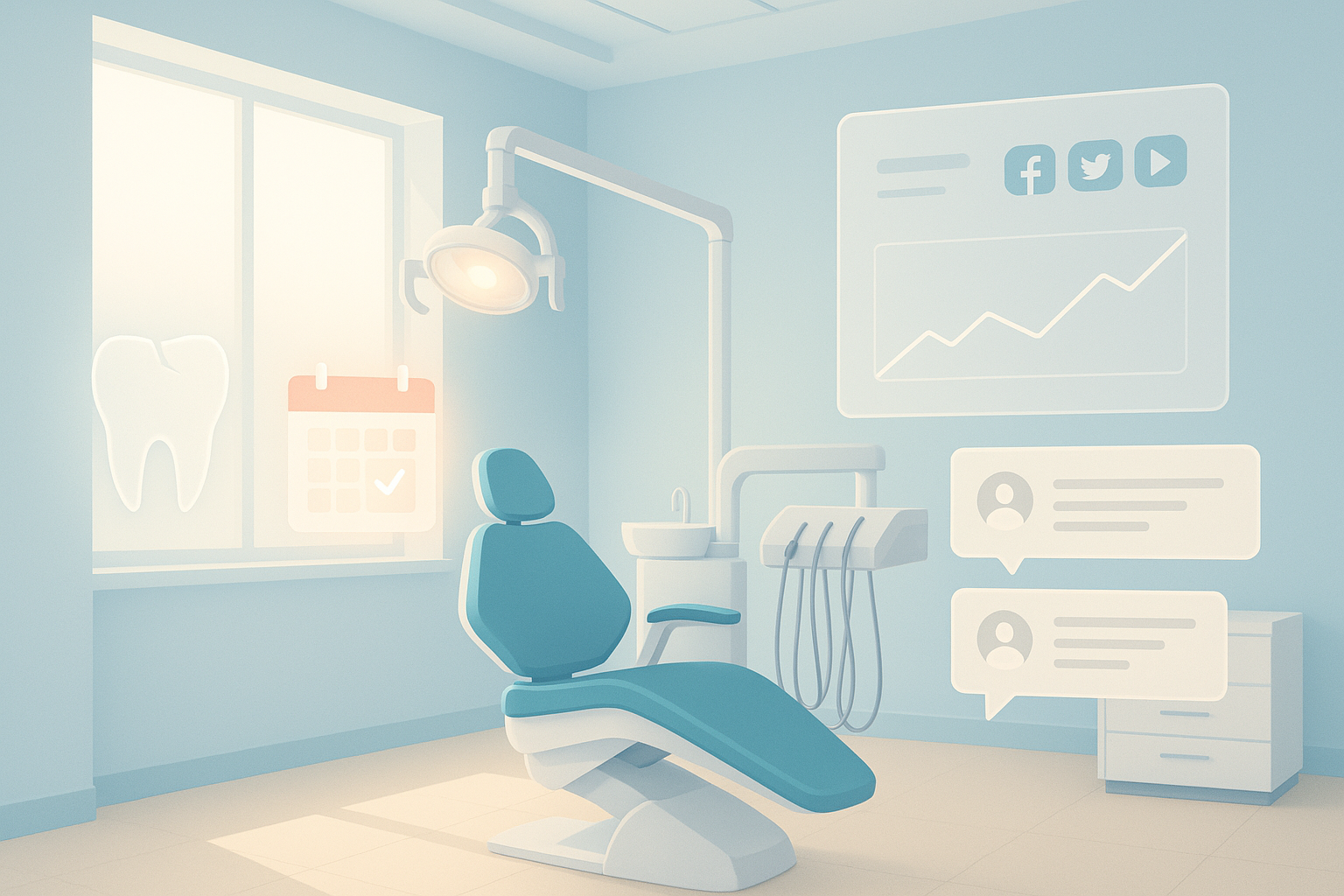 Modern dental clinic illustration with patient journey elements and digital icons in warm tones.