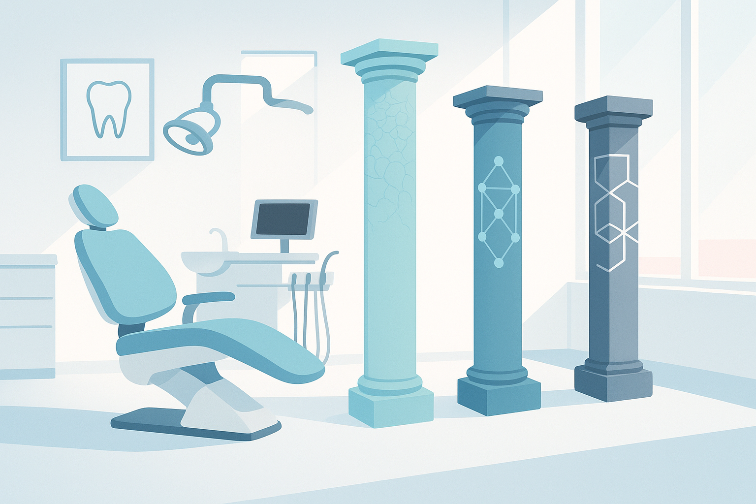 Modern dental clinic illustration with translucent pillars symbolizing SEO, campaigns, and trust.