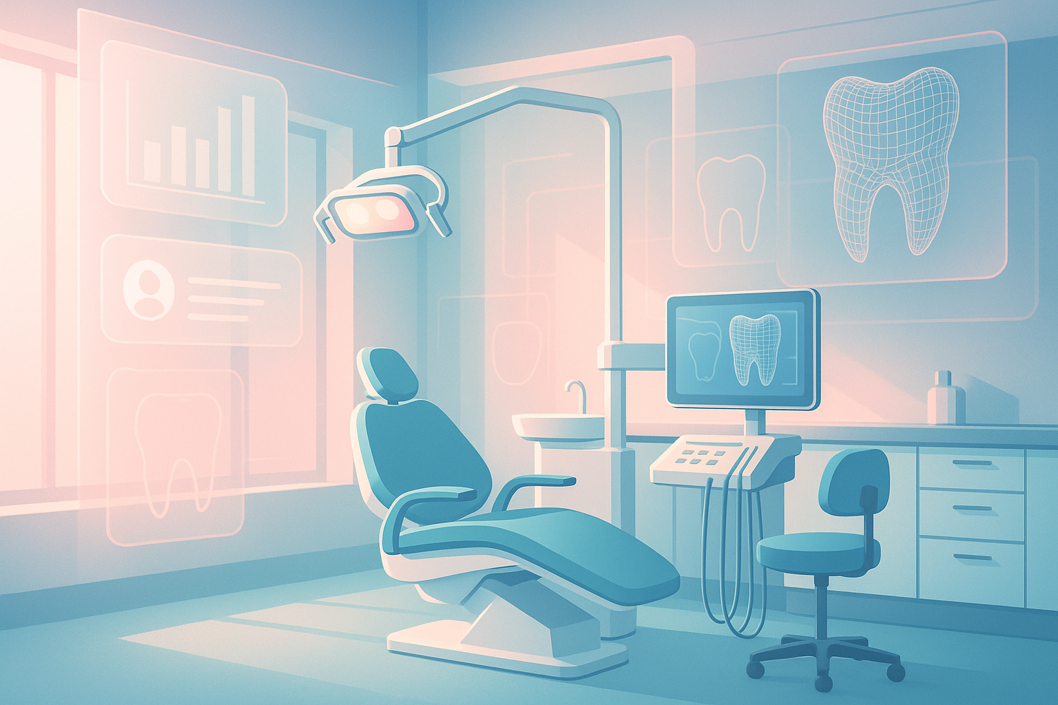 Modern dental clinic interior with digital interfaces, schematic shapes, and warm, professional tones.