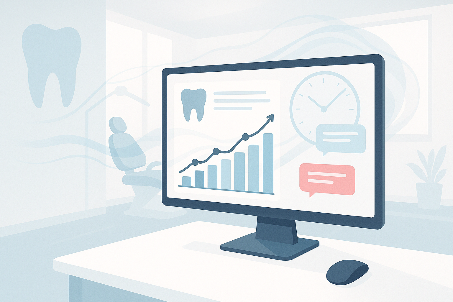 Modern dental clinic scene with digital workspace, growth charts, testimonial bubbles, and abstract data elements.