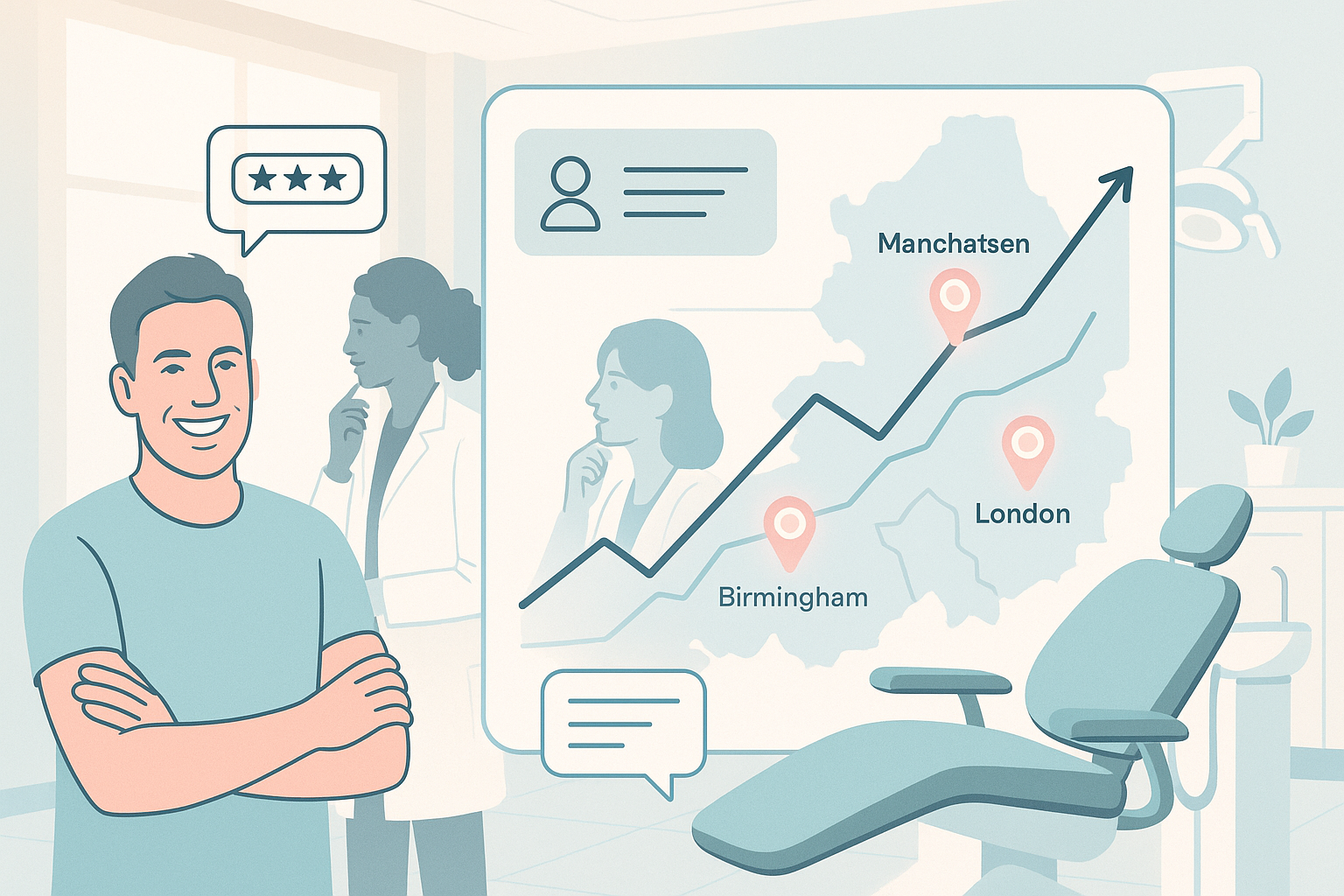 Modern dental clinic with digital dashboard, diverse adults, and testimonial bubbles in bright tones.
