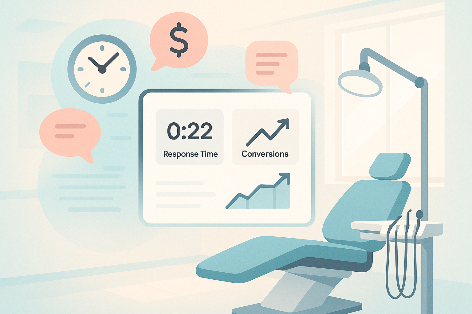 Modern dental clinic with digital dashboard, patient concern symbols, and calming color palette.