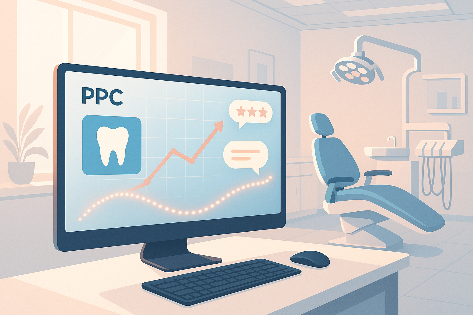 Modern dental clinic with digital dashboard showing growth charts and testimonial bubbles.