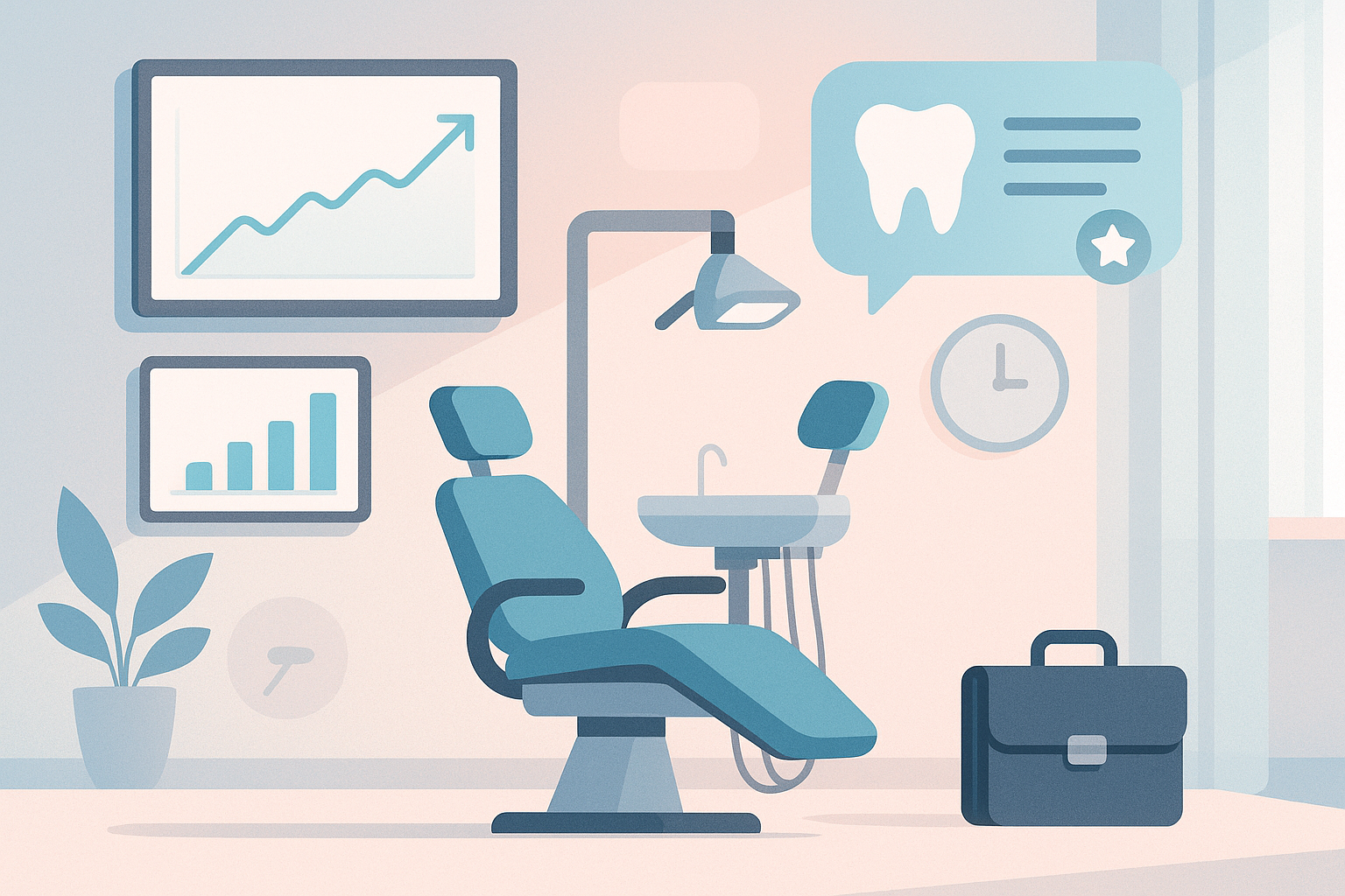 Modern dental clinic with digital dashboards, testimonial bubbles, and privacy symbols in bright, professional tones.