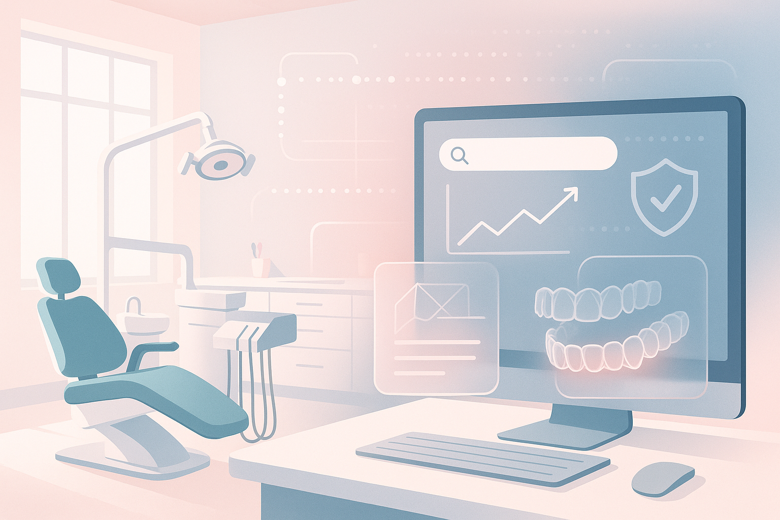 Modern dental clinic with digital data streams, growth charts, and <a href=