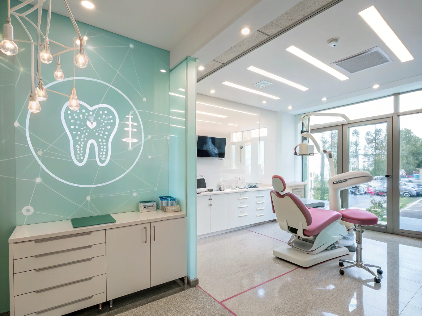 Modern dental clinic with digital elements, testimonial bubbles, and growth charts in clinical tones.
