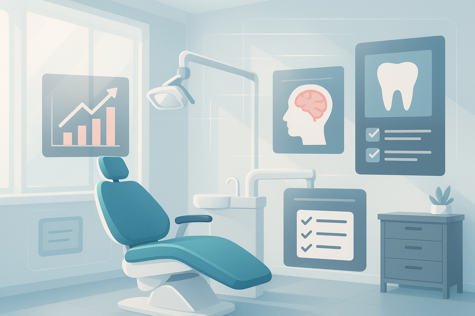 Modern dental clinic with digital screens displaying growth charts, icons, and checklists in clinical colors.