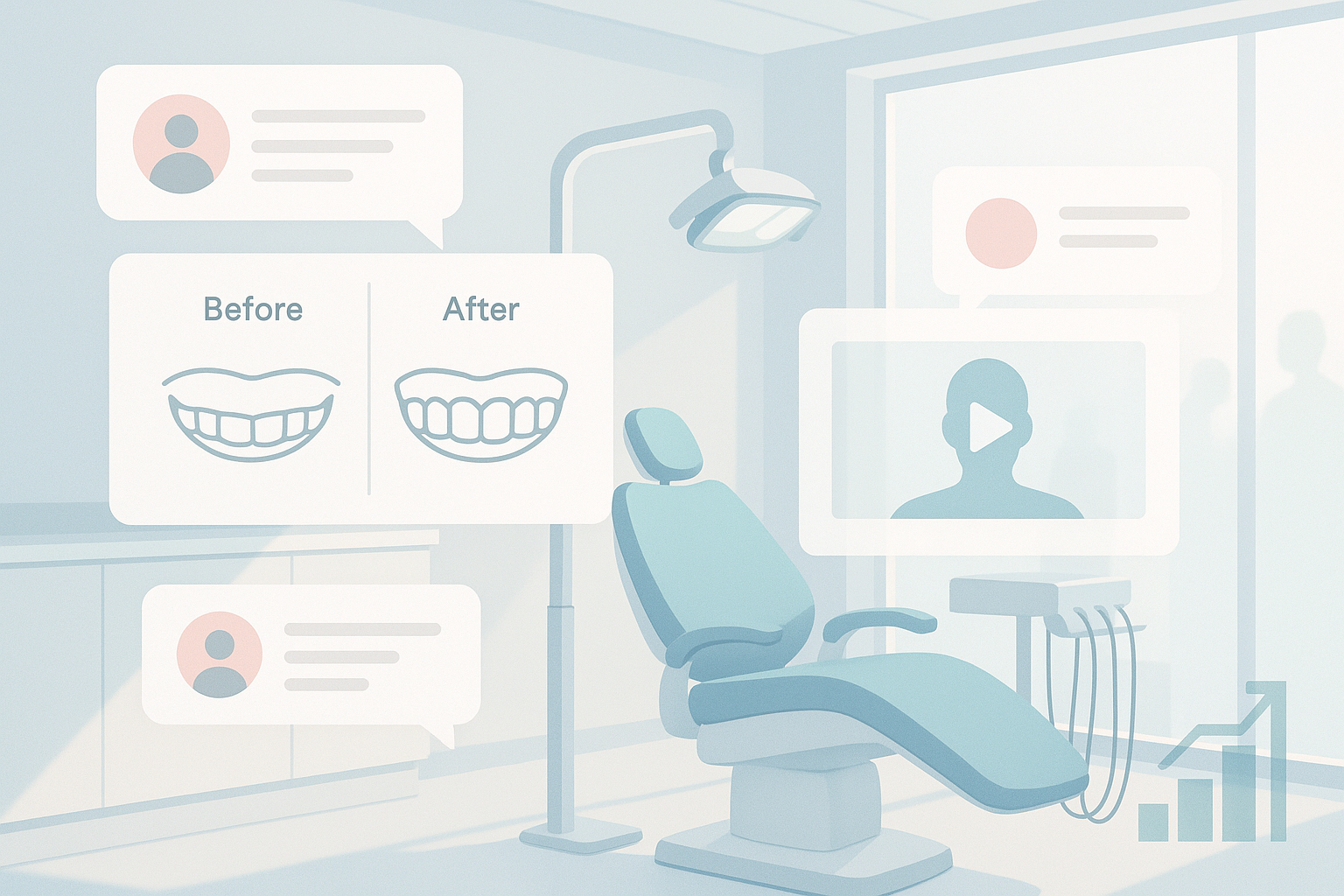 Modern dental clinic with digital screens, testimonial bubbles, growth charts, and patient silhouettes.