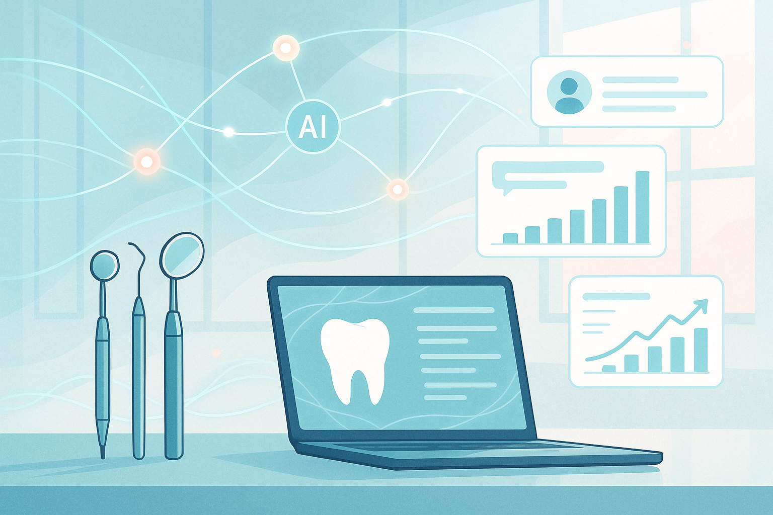 Modern dental clinic with digital tools, data streams, and growth charts in bright, clinical colors.