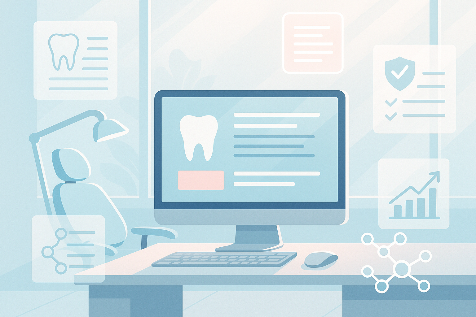 Modern dental clinic with digital workspace, clinical charts, trust symbols, and E-E-A-T icons.