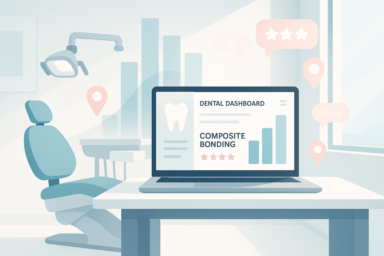 Modern dental clinic with digital workspace, growth charts, testimonial bubbles, and SEO icons.