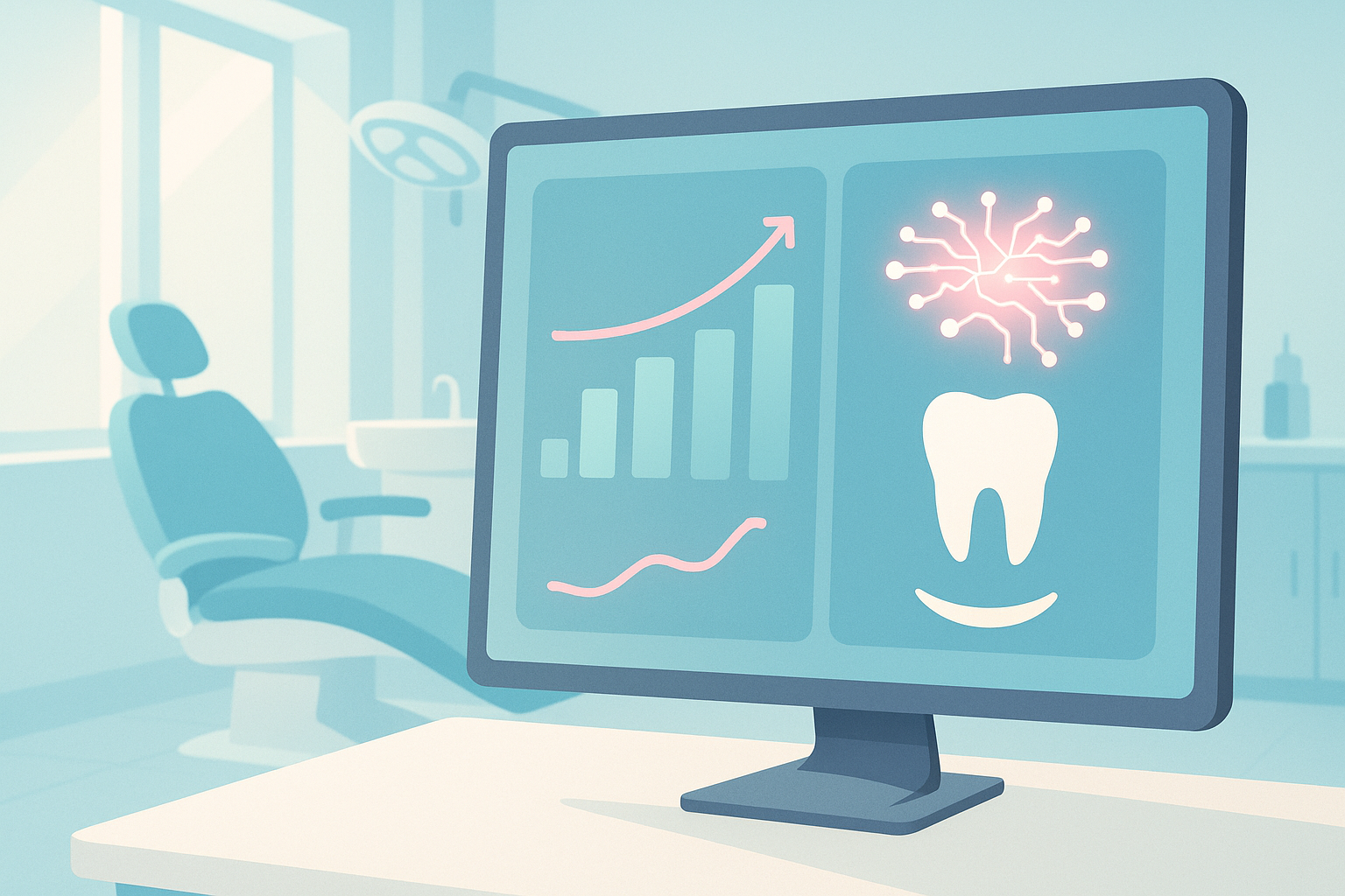 Modern dental clinic with digital workspace, growth charts, neural patterns, and tooth motifs.