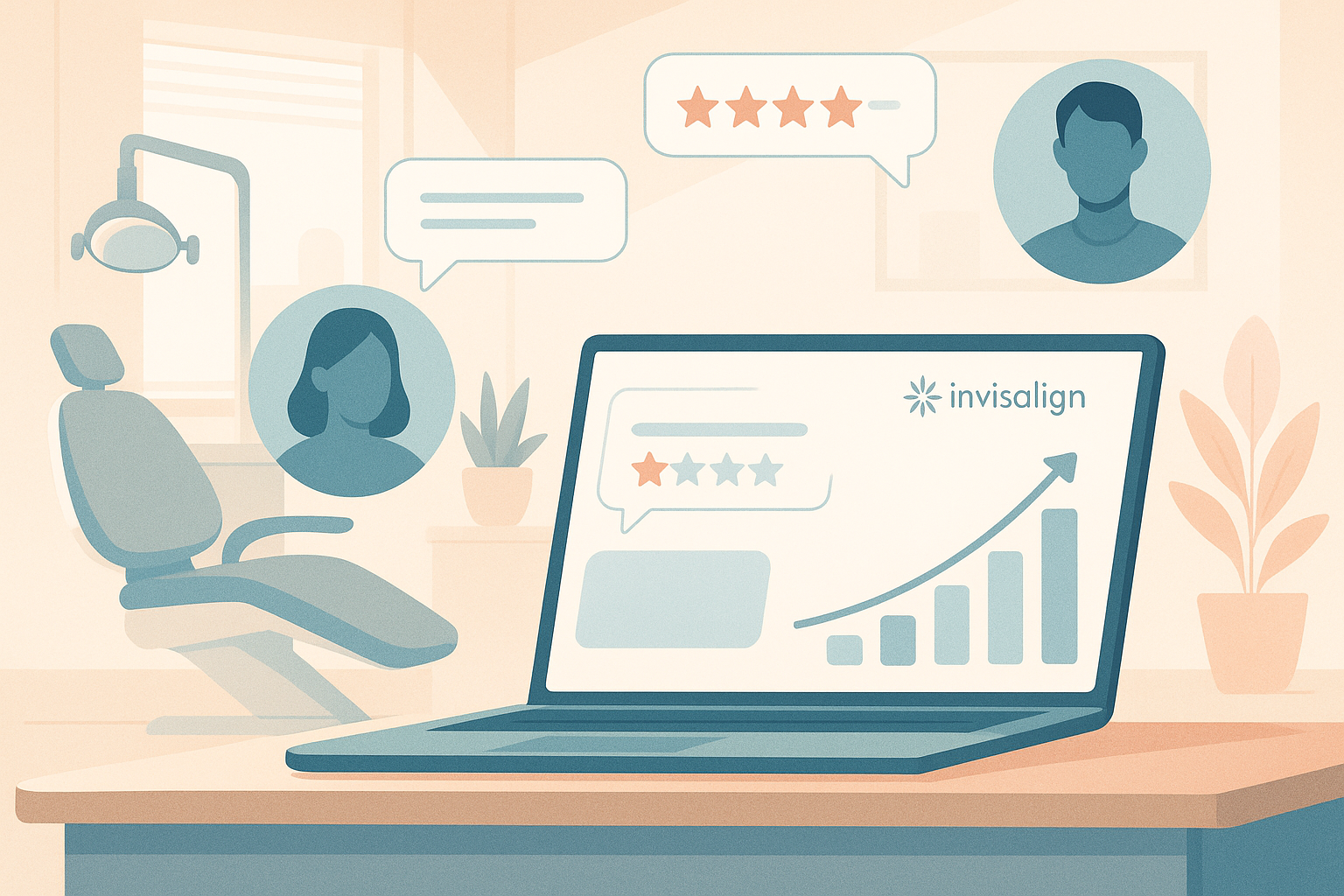 Modern dental clinic with digital workspace, testimonials, growth charts, patient silhouettes, and warm accents.