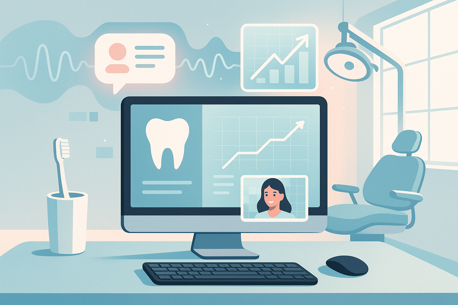 Modern dental clinic with digital workspace, voice waves, UI elements, and warm clinical tones.
