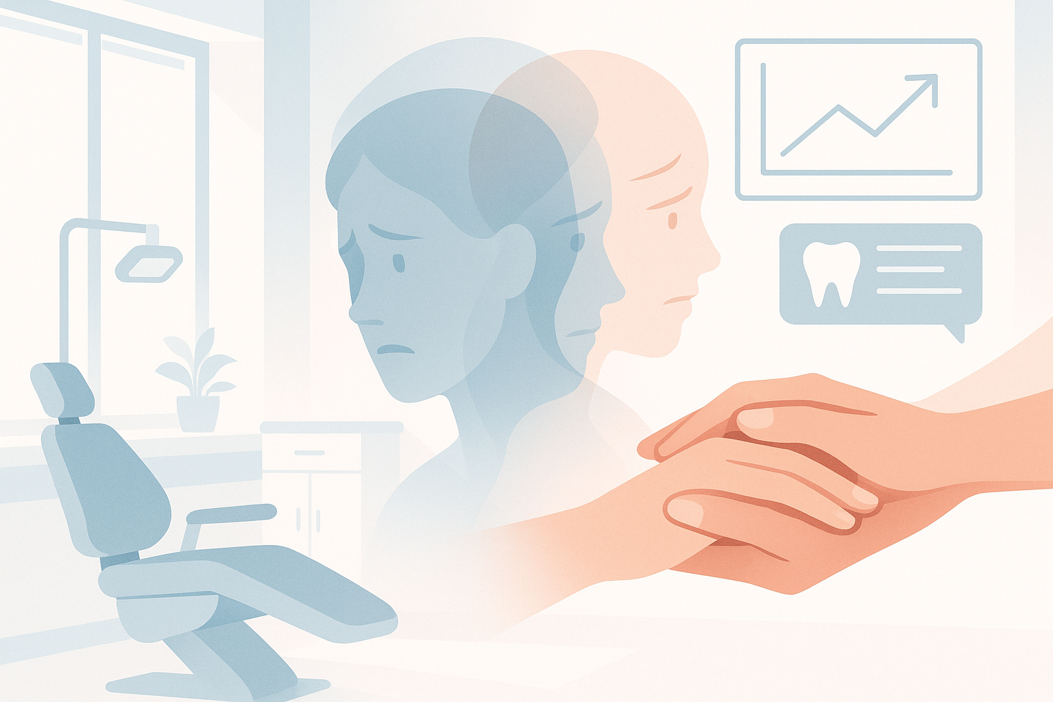 Modern dental clinic with reassuring hands, anxious faces, growth charts, and testimonial bubbles.