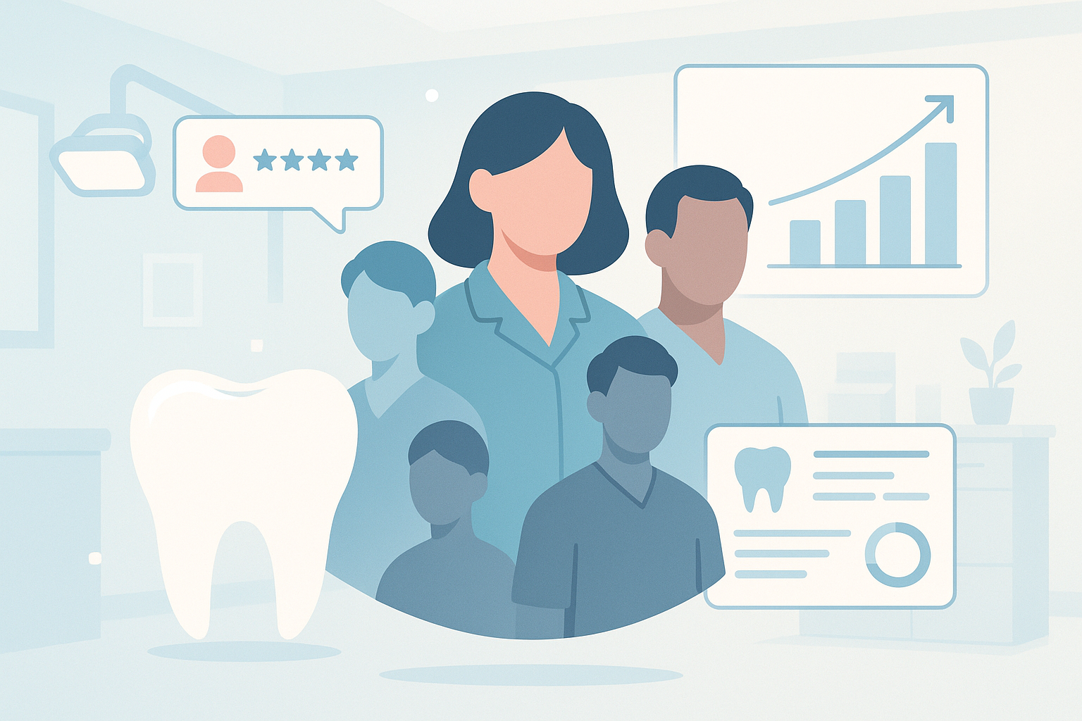 Modern dental clinic with team, digital tools, and growth visuals in bright, clean tones.