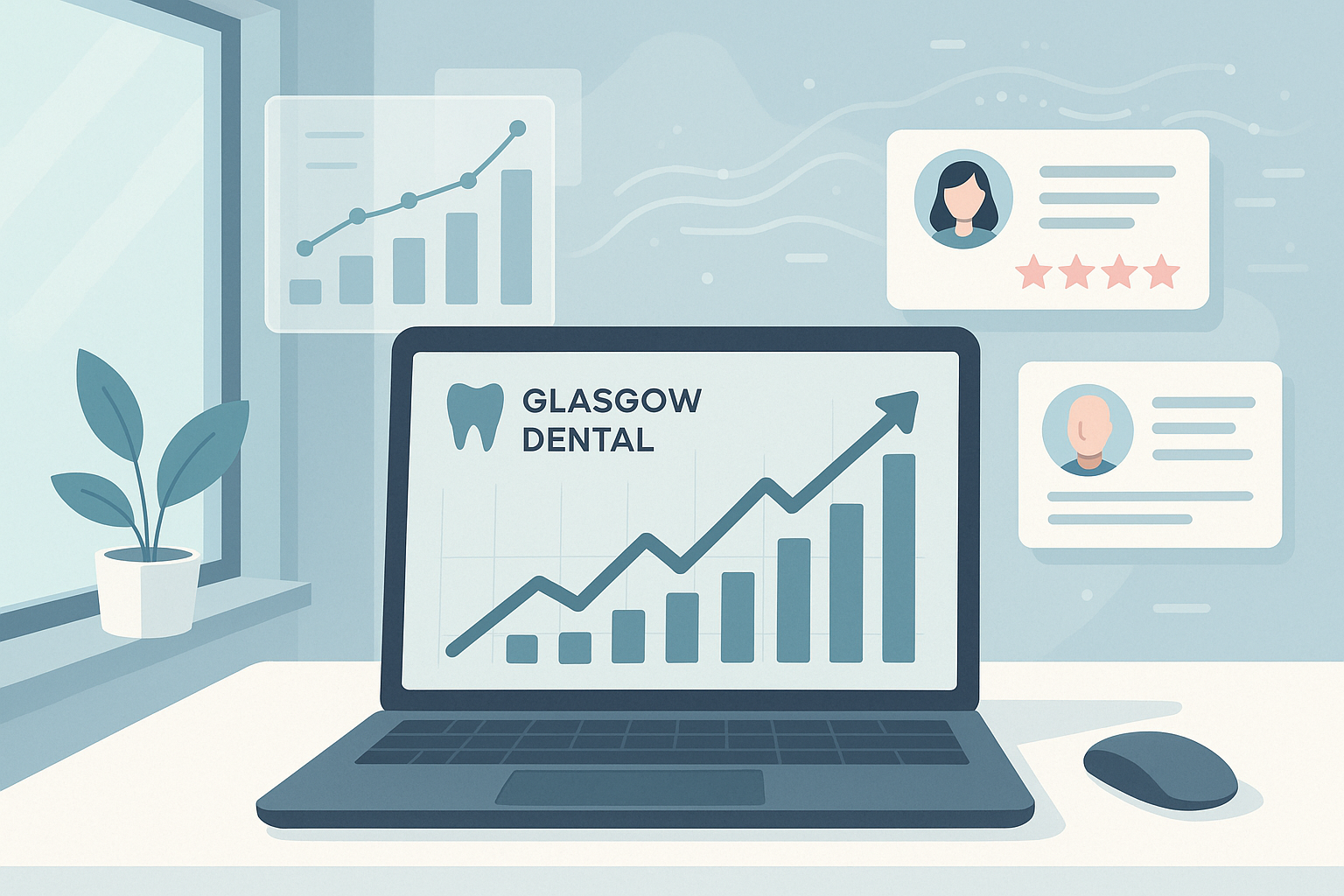 Modern dental clinic workspace with data charts and floating testimonial bubbles.