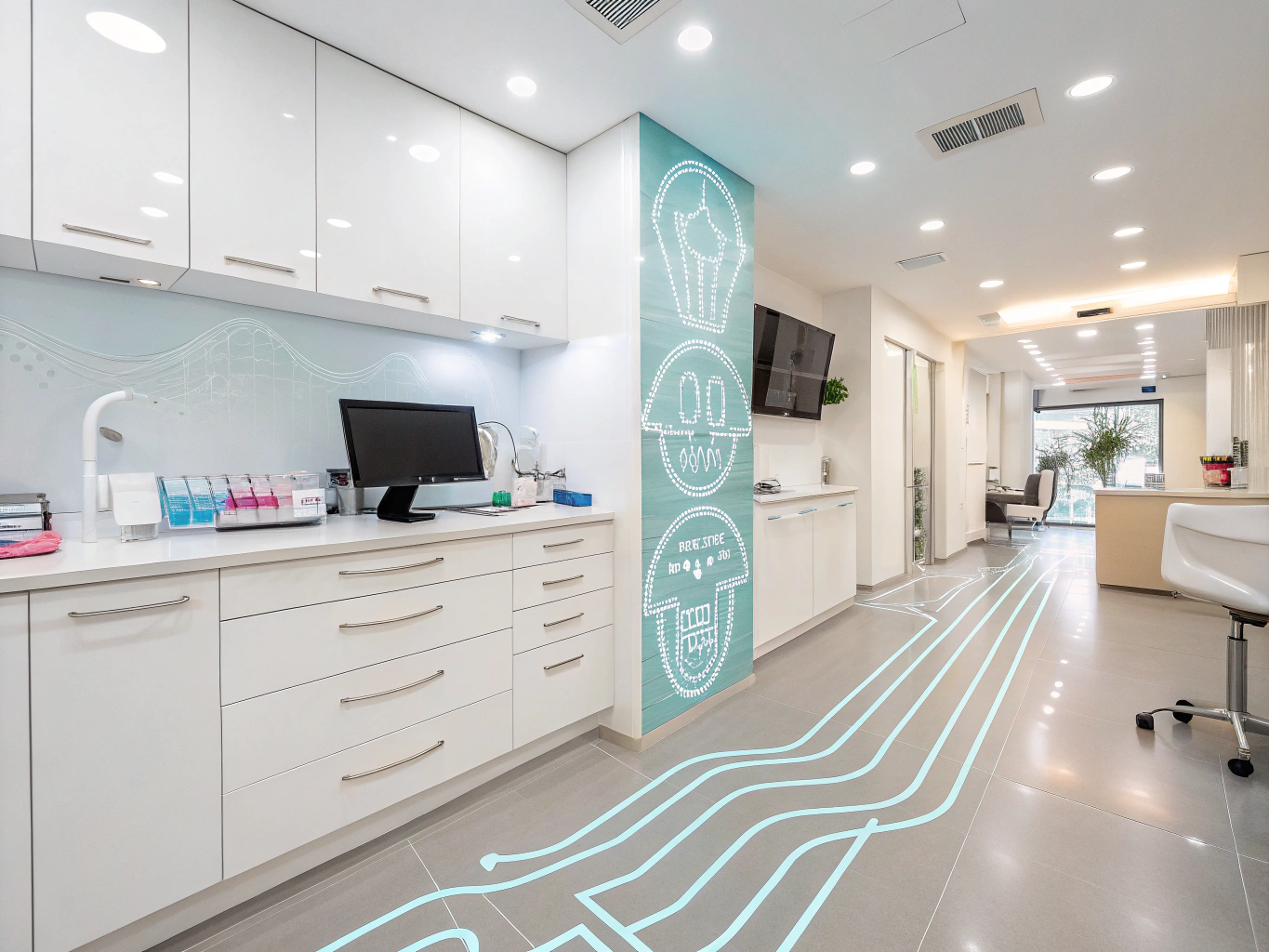 Modern dental clinic workspace with digital dashboard, interconnected lines, testimonial bubbles, and growth charts.