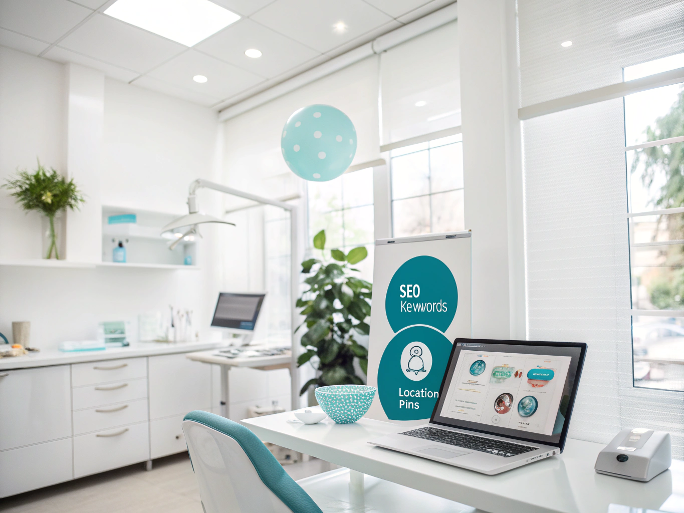Modern dental clinic workspace with digital dashboard, growth charts, testimonial bubbles, and calming colors.
