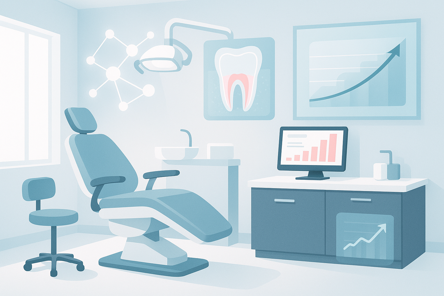 Modern dental clinic workspace with digital dashboard, treatment diagrams, and trust-building symbols.