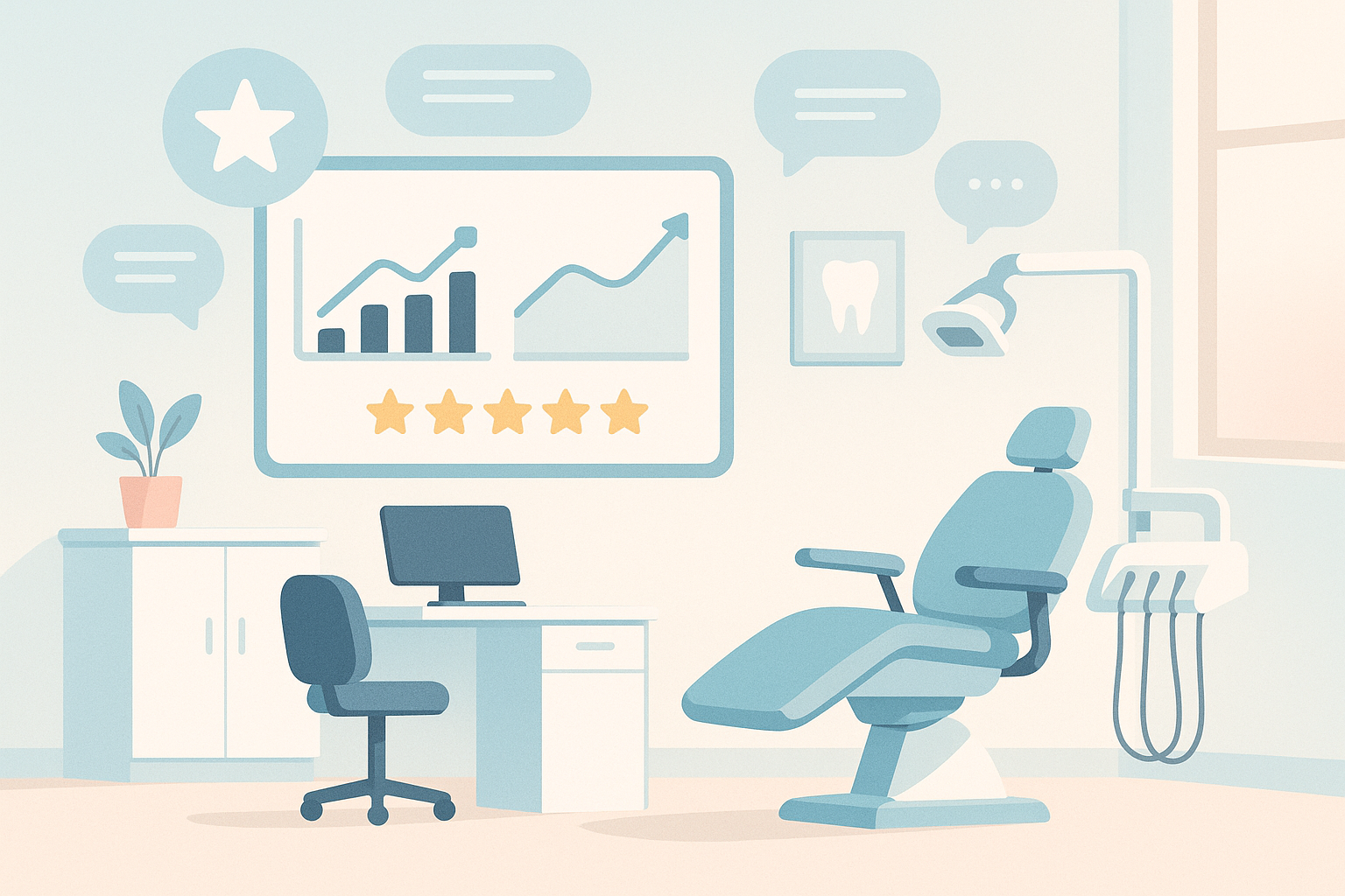 Modern dental clinic workspace with digital dashboard, testimonial bubbles, and soft color palette.