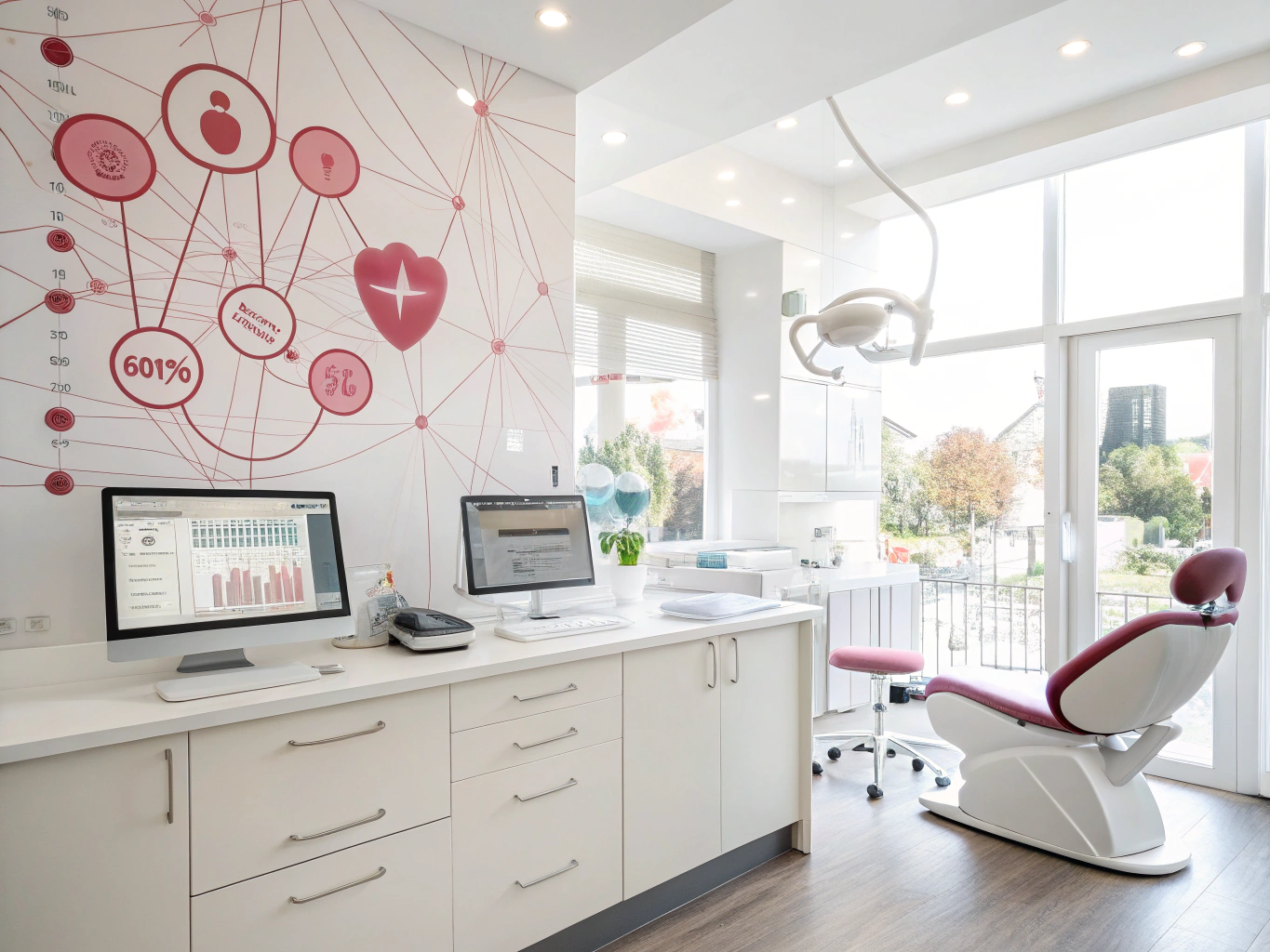 Modern dental clinic workspace with digital dashboard, growth charts, testimonial bubbles, and abstract Leeds elements.