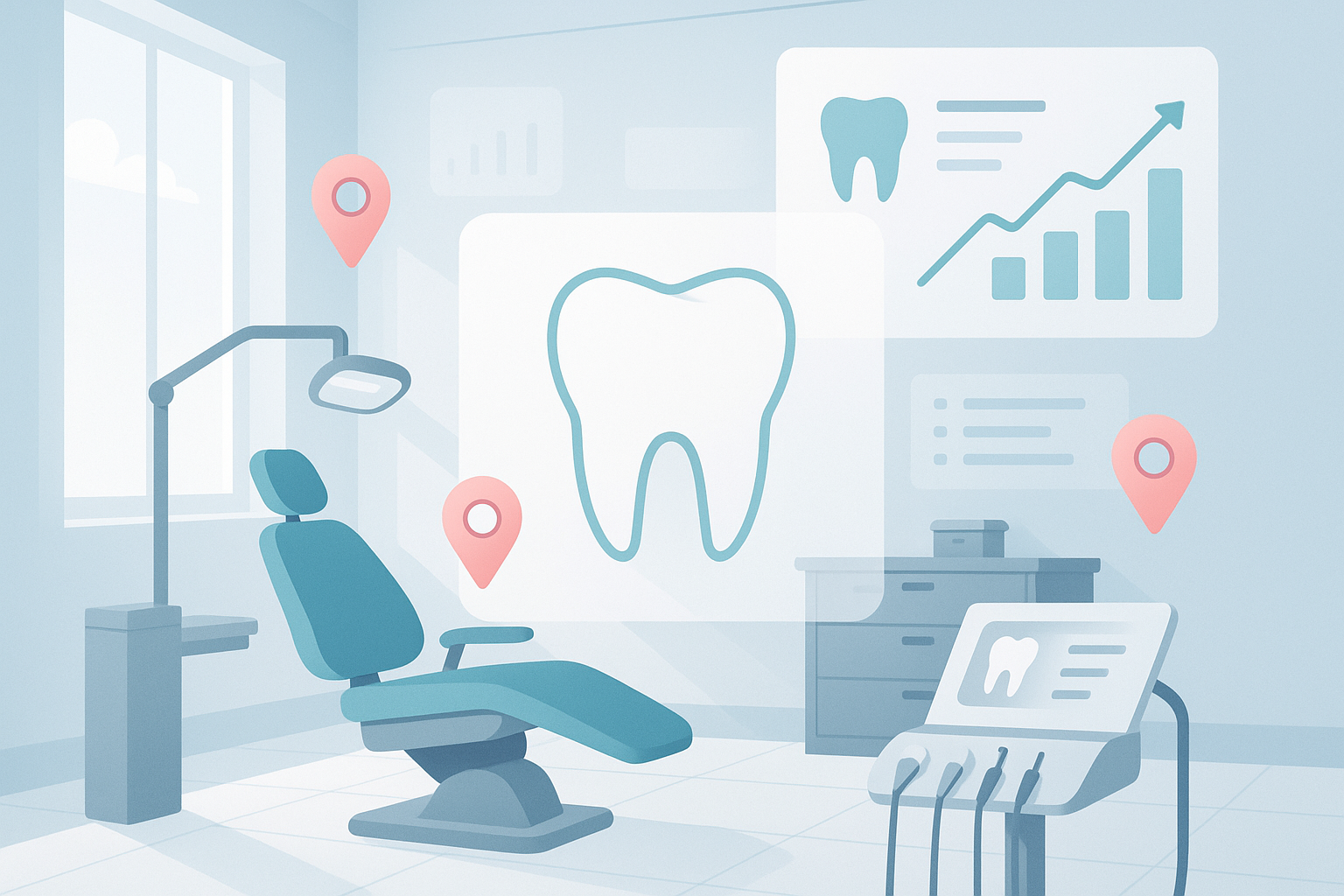 Modern dental clinic workspace with digital interface, growth charts, and map markers in soothing colors.