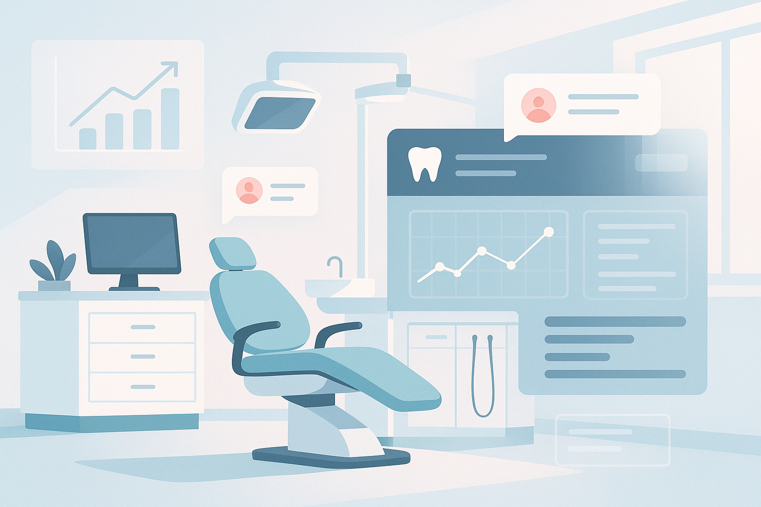 Modern dental clinic workspace with digital interface overlays and abstract growth charts.