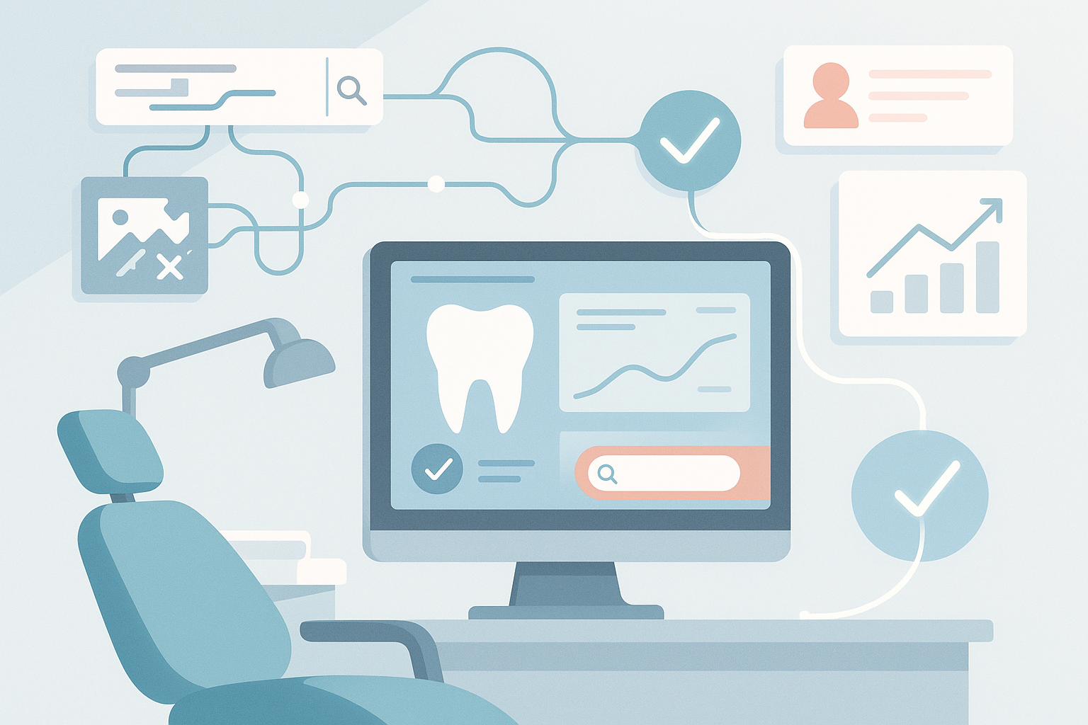 Modern dental clinic workspace with digital symbols, growth charts, and testimonial bubbles in soft tones.