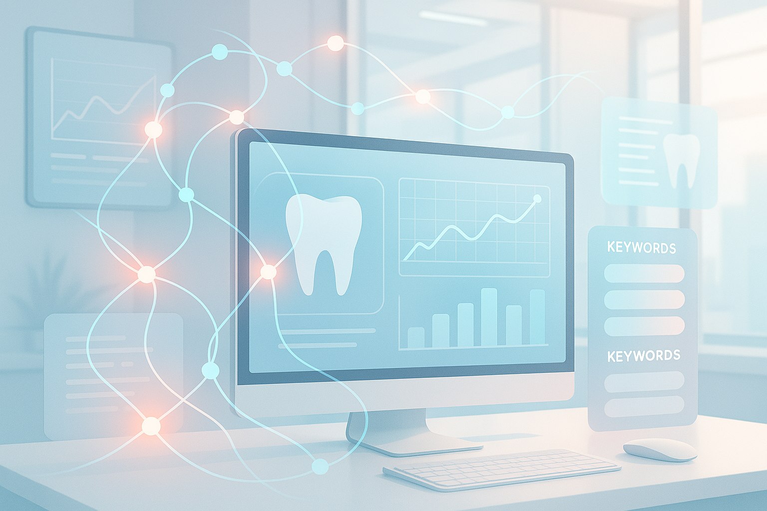 Modern dental clinic workspace with glowing neural networks, data streams, and digital dental charts.