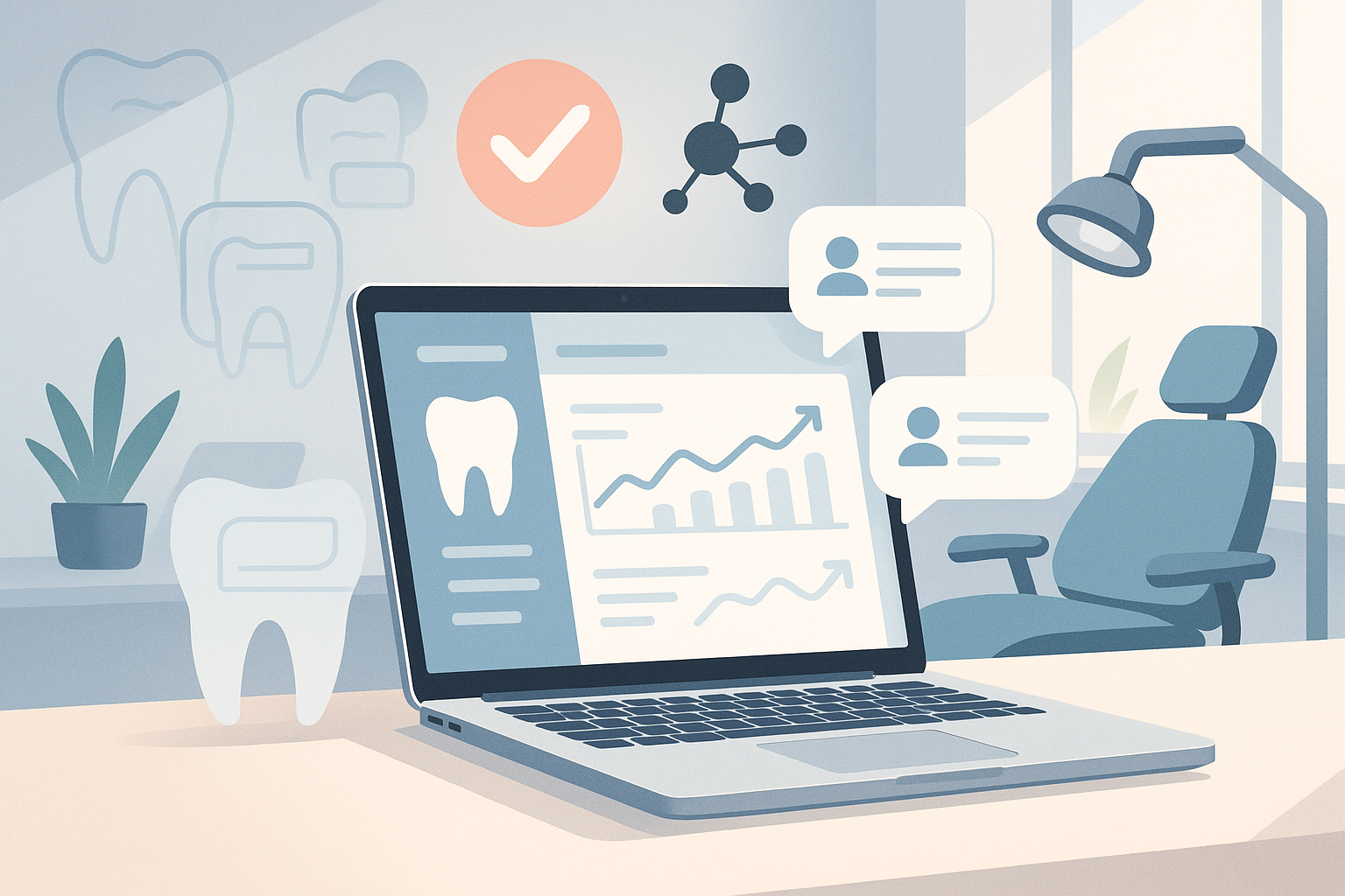 Modern dental clinic workspace with laptop displaying dashboard, trust symbols, and abstract icons.
