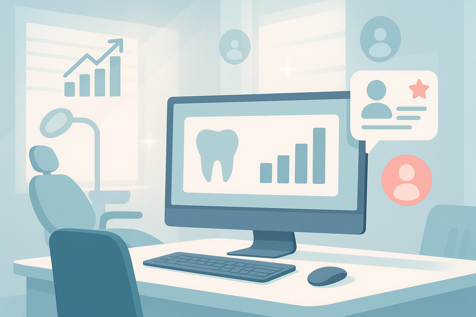 Modern dental clinic workspace with trust icons, growth charts, and testimonial bubbles in bright, calming colors.