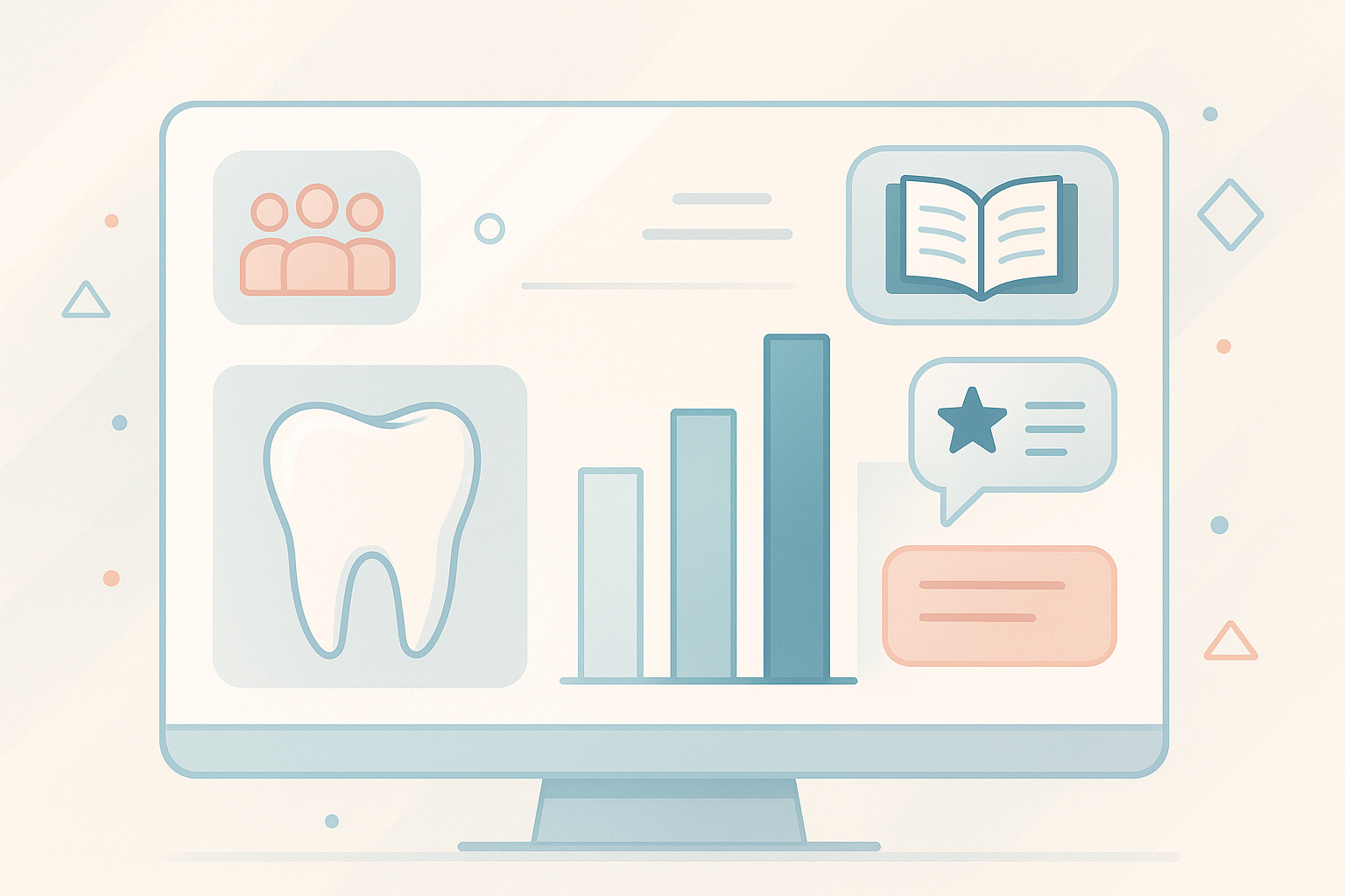 Modern dental dashboard with abstract pillars, geometric shapes, and testimonial bubbles in clinical tones.