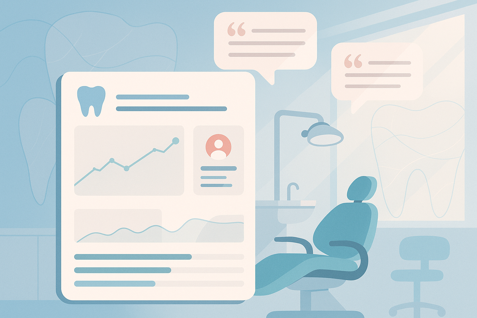 Modern dental dashboard with growth charts and testimonial bubbles in a bright, clinical treatment room.