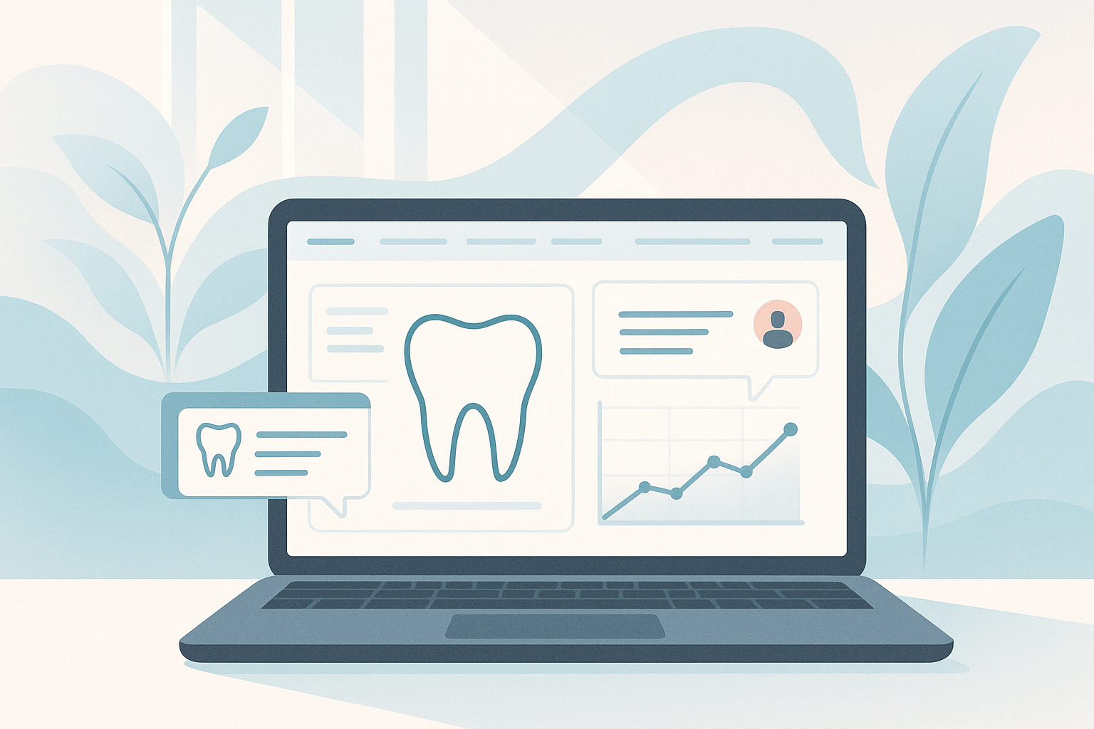 Modern dental dashboard with growth charts and testimonial bubbles in a bright, clinical workspace.