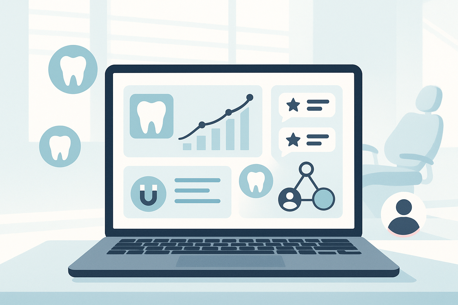 Modern dental dashboard with growth charts, feedback, and service icons in a bright, clean workspace.