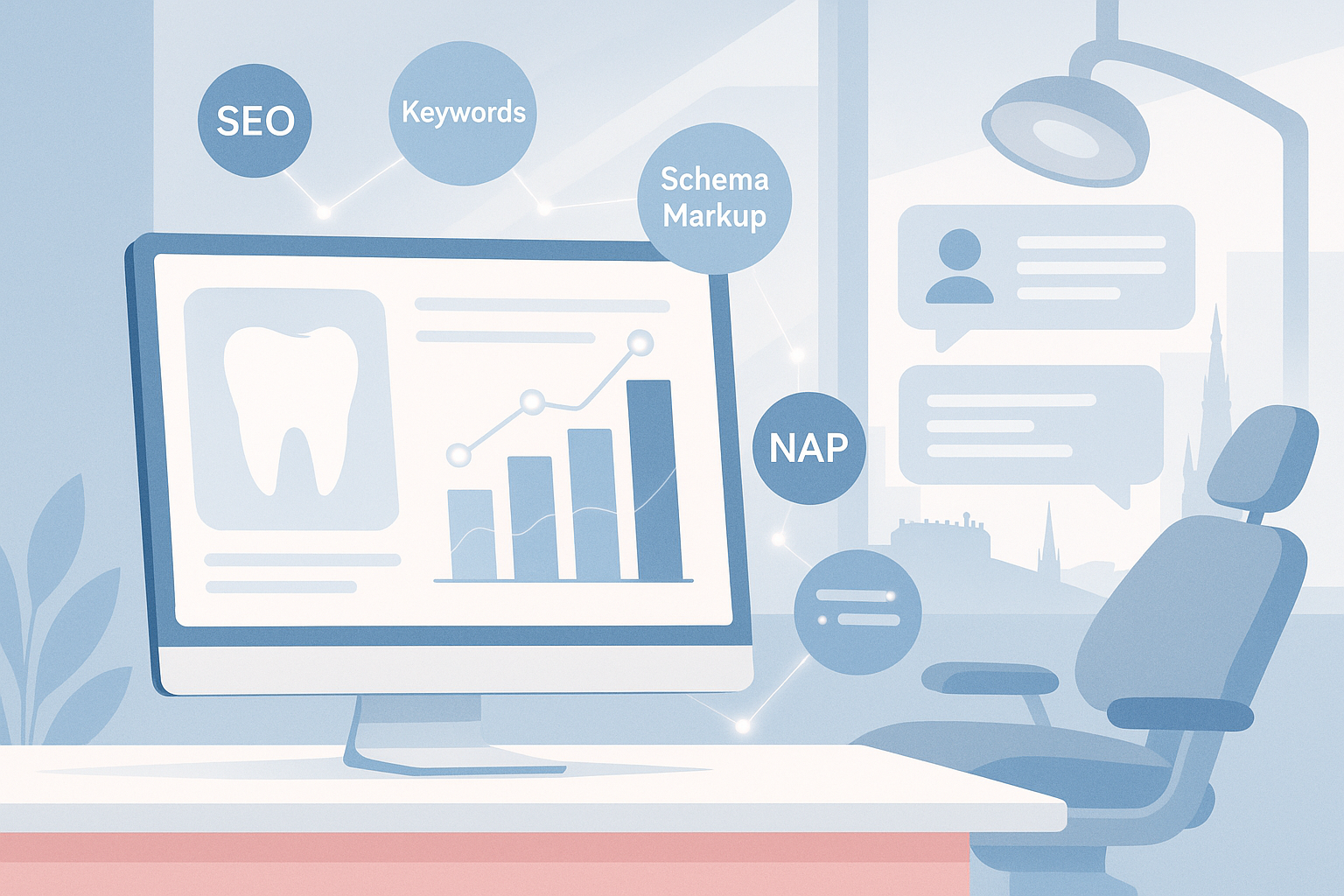 Modern dental dashboard with growth charts, keyword clusters, Edinburgh cityscape, and trust elements.