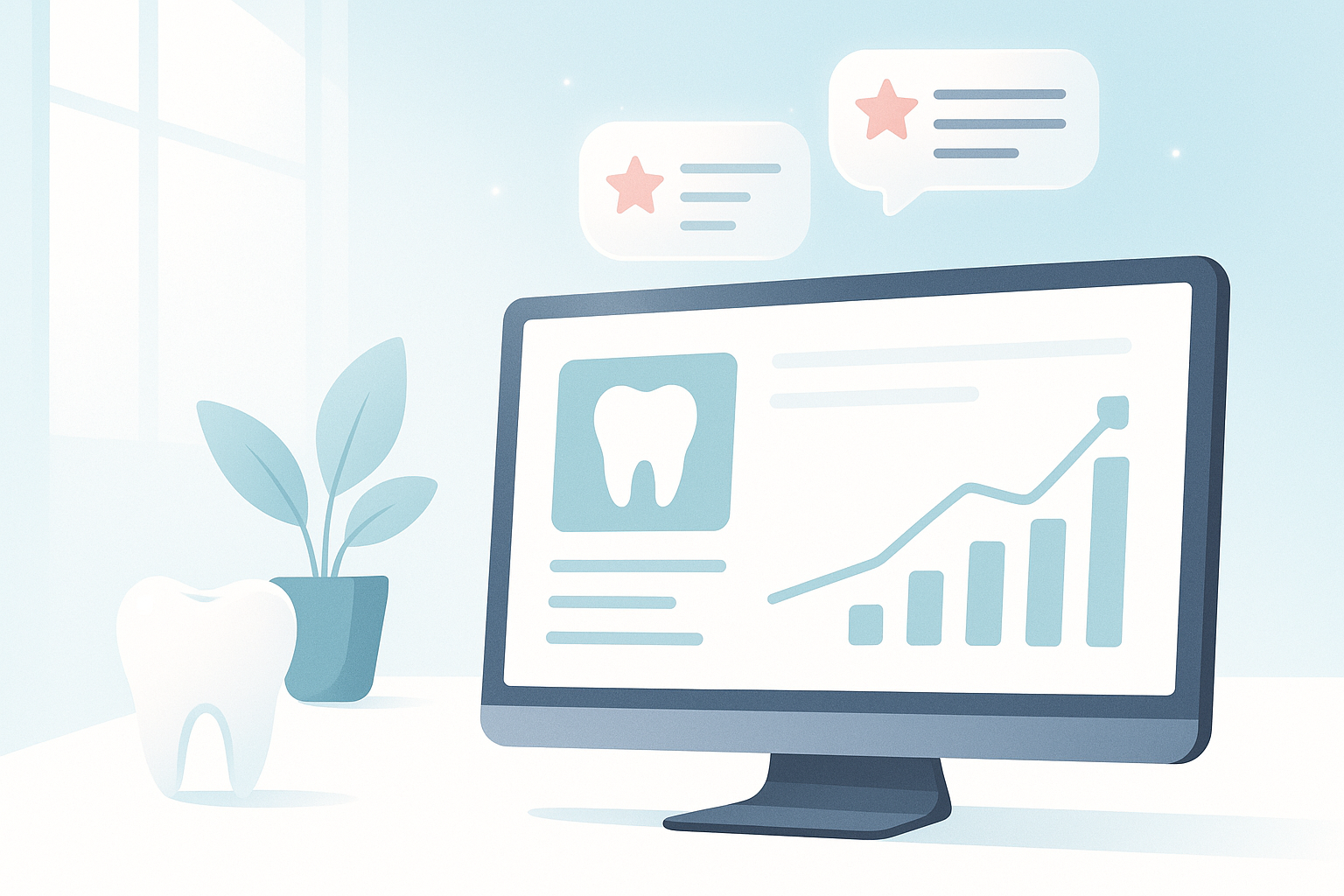 Modern dental dashboard with growth charts, testimonial bubbles, and clean, calming design elements.
