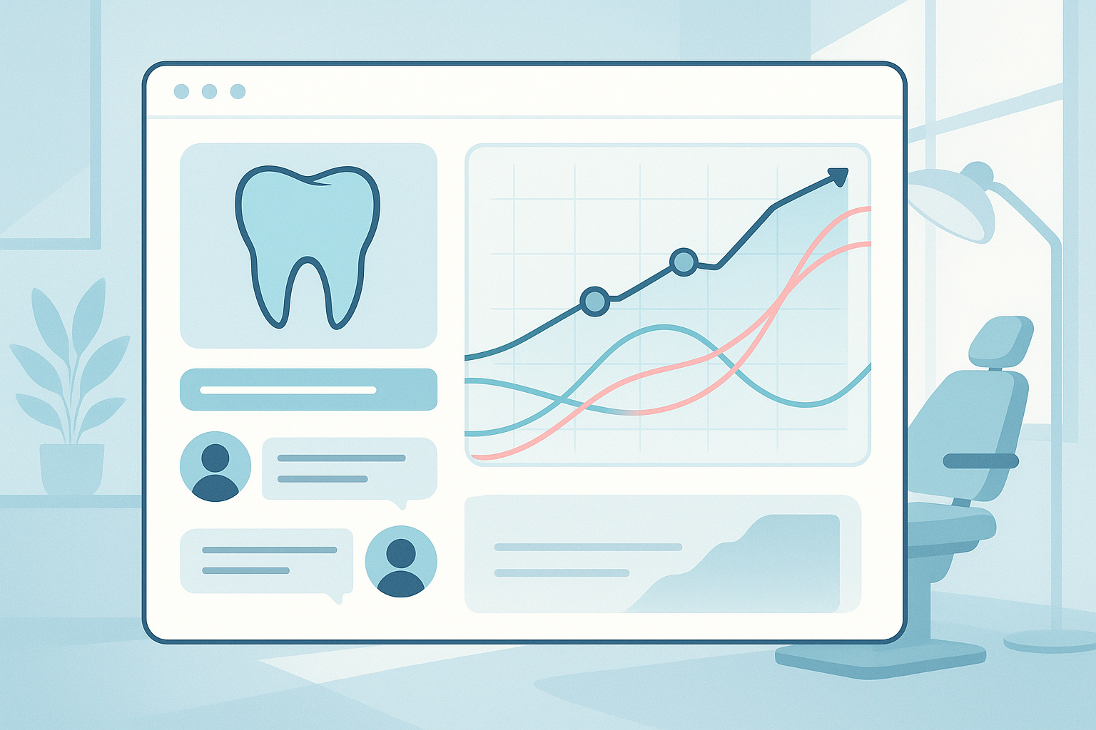 Modern dental dashboard with growth charts, testimonial bubbles, and flowing light trails in clinical tones.