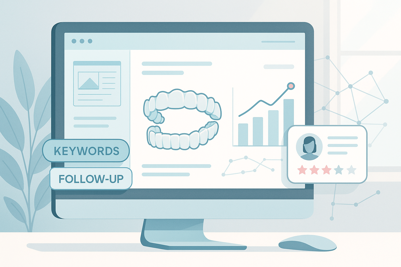 Modern dental dashboard with growth charts, testimonial bubbles, and abstract optimization elements in bright, clinical tones.