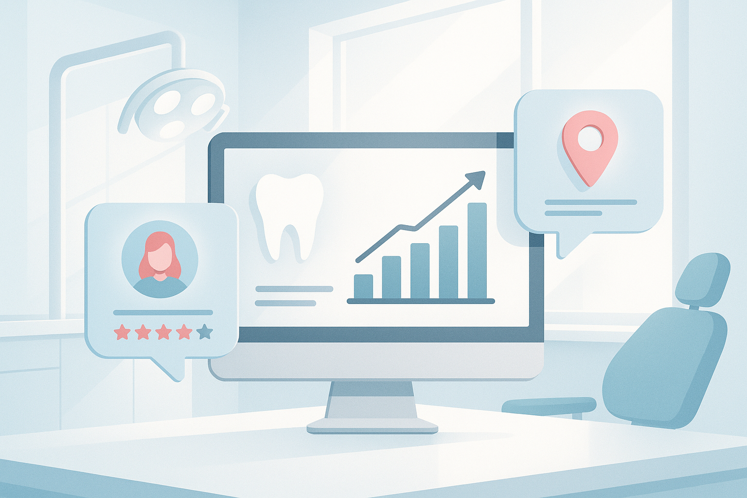 Modern dental dashboard with growth charts, testimonial bubbles, and location markers in a clinical setting.