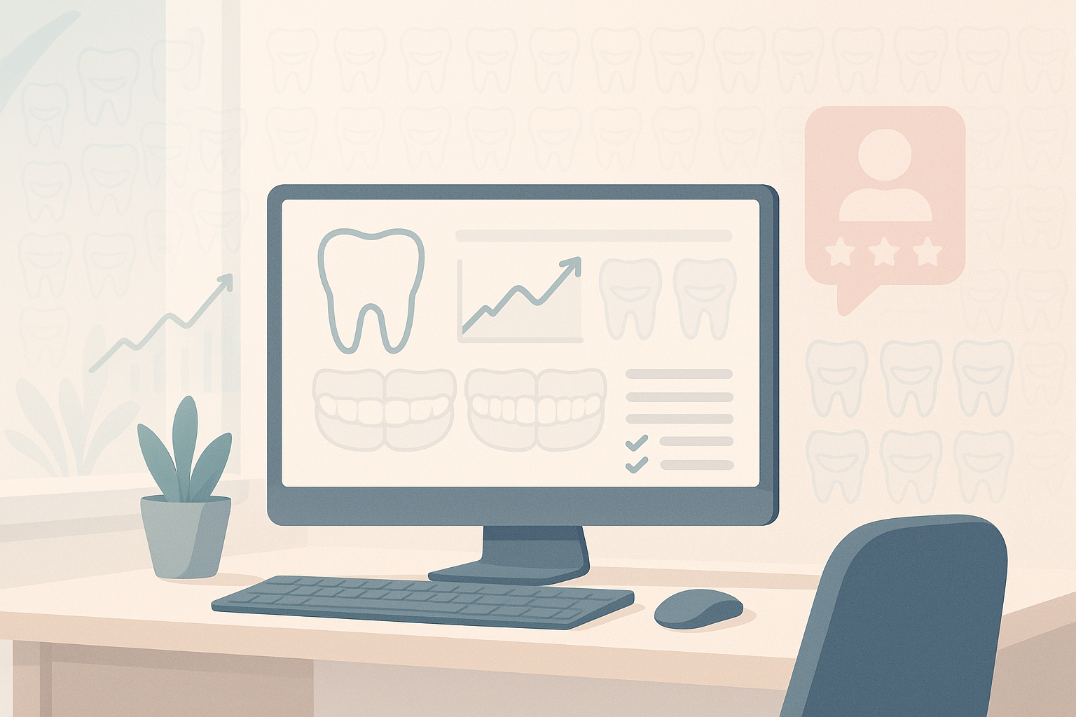 Modern dental dashboard with smile outlines, growth charts, and testimonial bubbles in a bright workspace.
