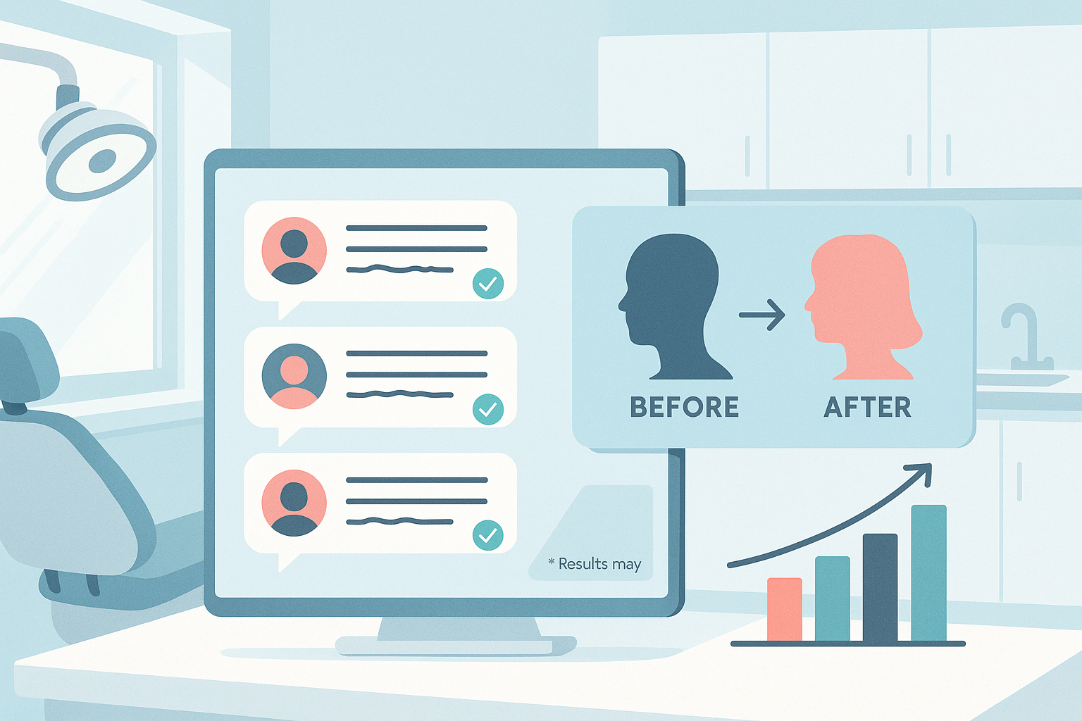Modern dental dashboard with testimonial bubbles, growth charts, and clinical workspace in calming colors.