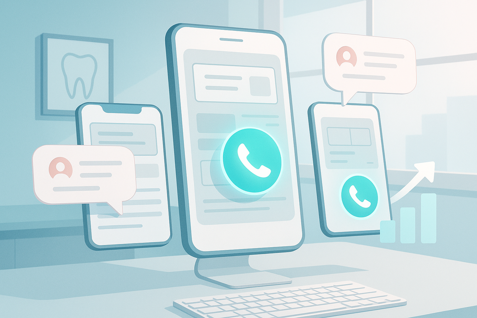 Modern dental digital workspace with floating devices, growth charts, and testimonial bubbles.