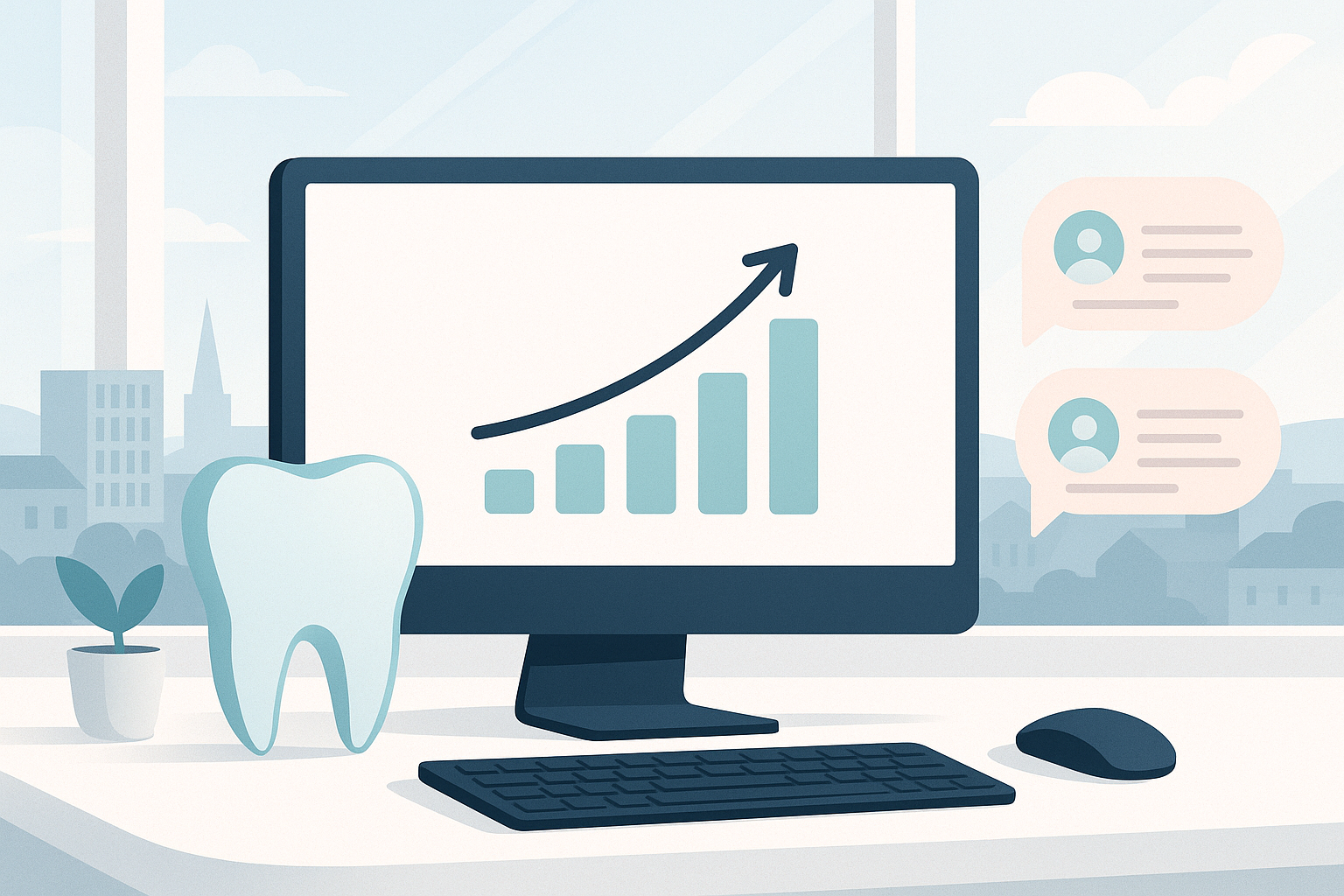 Modern dental digital workspace with growth charts, testimonial bubbles, and Sheffield skyline background.
